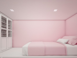 Girls´s room in pink walls with bed , 3d rendering