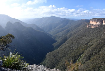 Kanangra Walls in Kanangra-Boyd National Park are spectacular, orange and grey sandstone cliffs towering above the Kanangra Creek gorge.