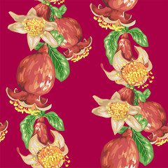 Blooming fruit flower of pomegranate tree in seamless pattern