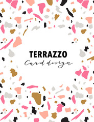 Terrazzo card template. Vector abstract background with chaotic stains and a round place for a text. Collage design. Vector illustration.