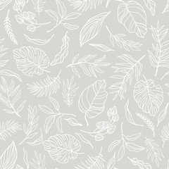 Vector elegant seamless background with foliage. Wedding endless  pattern in light grey color. Leaves in line art style.