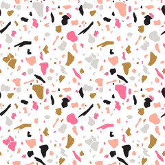 Terrazzo seamless pattern. Vector abstract background with chaotic stains. Collage design in gold, black and magenta colors.