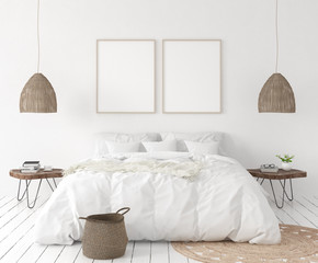 Mock-up poster frame in bedroom, Scandinavian style, 3d render