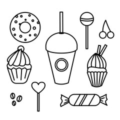 Set of hand drawn sweets bakery cafe. Black and white. Vector illustration. The best for design, textiles, posters, tattoos, corporate identity, coloring book