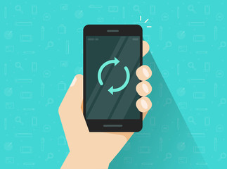 Mobile phone updating vector, flat cartoon smartphone with synchronize round arrows on screen, idea of connecting progress process, cellphone data update or system refresh, computing process