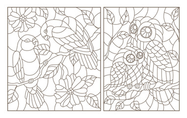 Obraz premium A set of contour illustrations in the style of stained glass with birds, a pair of parrots lovebirds and owl with owlet, dark contours on a white background