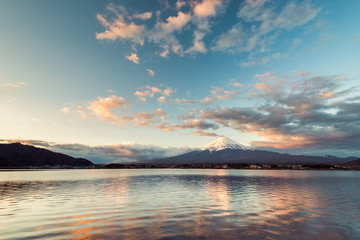 Mount fuji at lake Kawaguchi in the morning time, Japan