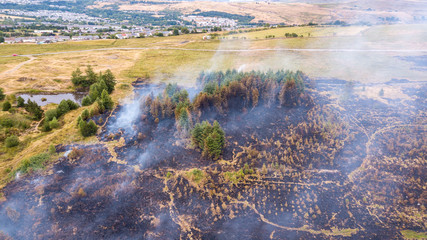 Naklejka premium Aerial drone view of a wildfire in a grass and forested area