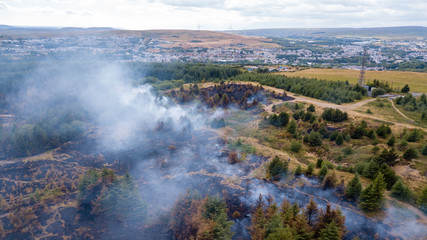 Aerial drone view of a wildfire in a grass and forested area