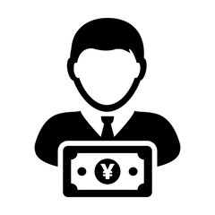 Cash icon vector male user person profile avatar with Yen sign currency money symbol for banking and finance business in flat color glyph pictogram illustration