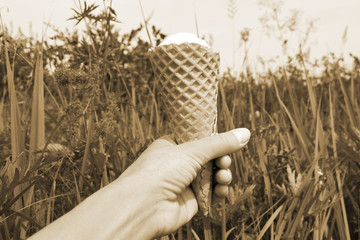 Man eating ice cream. Ice cream in hand. Hot summer. Delicious dessert.