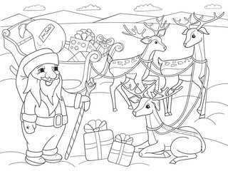 Childrens coloring cartoon animal friends in nature. Santa claus on the north pole next to sleighs and magical deer