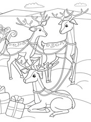 Childrens coloring cartoon animal friends in nature. Santa claus on the north pole next to sleighs and magical deer