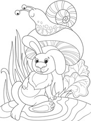 Childrens coloring cartoon animal friends in nature. Rabbit under a mushroom and snail