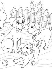 Childrens coloring book cartoon family on nature. Mom dog and puppies children