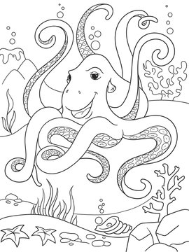 Childrens coloring cartoon animal friends in nature. Underwater world, octopus on the ocean floor
