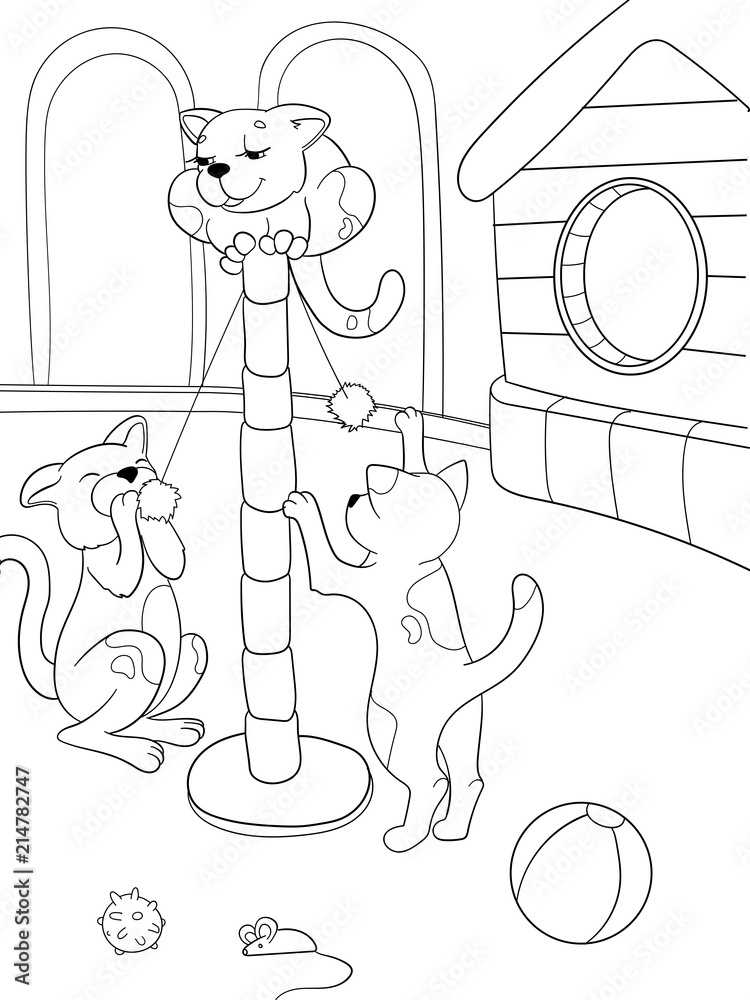 Wall mural Childrens coloring book cartoon family on nature. Mom cat and kittens children