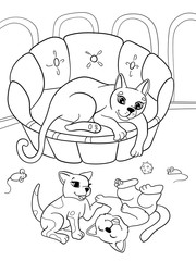Childrens coloring book cartoon family on nature. Mom cat and kittens children