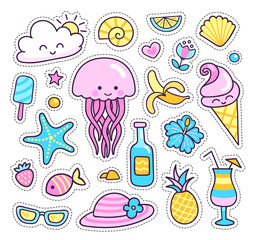 Jellyfish, pineapple, cocktail, sea shell, tropical flowers, sun, happy cloud and fish. Collection of summer stickers, patches, badges and pins. Vector isolated illustration
