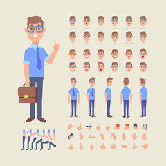 Front, side, back view animated male character. Business man creation set with various views, face emotions, poses and gestures. Cartoon flat vector illustration.