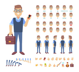 Front, side, back view animated male character. Business man creation set with various views, face emotions, poses and gestures. Cartoon flat vector illustration.