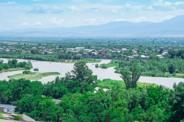 View on the Kura river and Caucasus mountains from Ancient cave city Uplistsikhe, Georgia