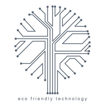 Graphic vector illustration of tree created in communication technology design. Eco friendly technology concept.