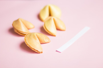 fortune cookie on pink and blue background, pastel colors, a blank page