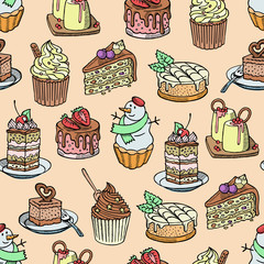 Cakes and cupcakes vector piece of cheesecake for happy birthday party baked chocolate cake and dessert snowman from bakery set illustration seamless pattern background