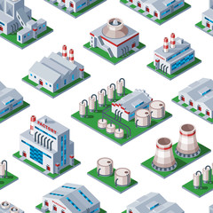 Isometric factory building seamless pattern background industrial element warehouse architecture house vector illustration