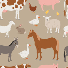 Different home farm vector animals and birds like cow, sheep, pig, duck farmland set illustration seamless pattern background
