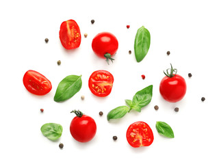 Composition with fresh cherry tomatoes on white background