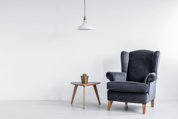 Real photo of dark grey armchair standing next to wooden end table with cactus in bright room...
