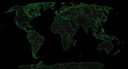 Green colored world map on black.
