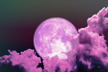 Naklejka premium super full pink moon back silhouette night magenta sky