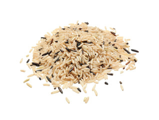 Pile of unpolished rice on white background