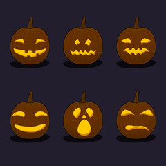 Set of Jack-o-Lantern on Black Background, Carved Scary Pumpkins, Halloween Holiday , Vector Illustration