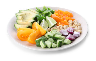 Plate with fresh vegetable salad on white background