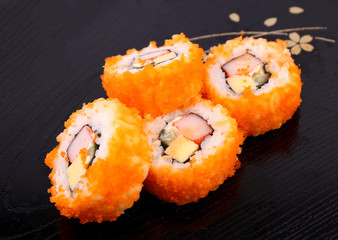 Sushi Roll Salmon with white backdrop.