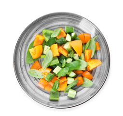 Plate with fresh vegetable salad on white background