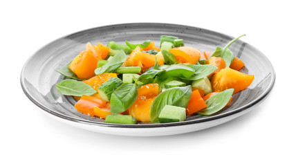 Plate with fresh vegetable salad on white background