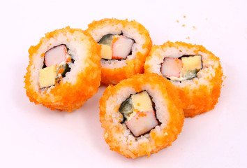 Sushi Roll Salmon with white backdrop.