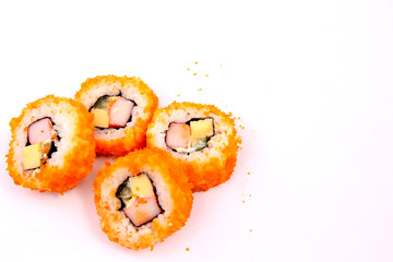 Sushi Roll Salmon with white backdrop.