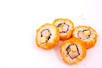 Sushi Roll Salmon with white backdrop.