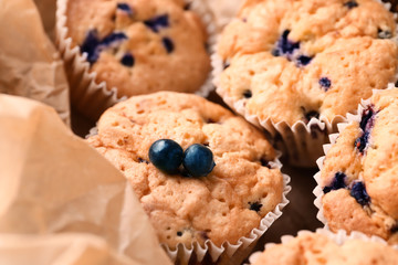Tasty blueberry muffins, closeup