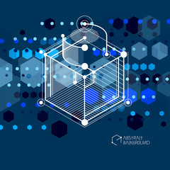 Isometric abstract dark blue background with linear dimensional cube shapes, vector 3d mesh elements. Layout of cubes, hexagons, squares, rectangles and different abstract elements.