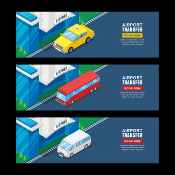 Airport Transfer, Vector Isometric 3D Illustration. Horizontal Banner, Flyer Template. Taxi, Shuttle Bus Travel Service