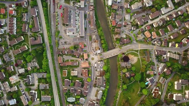 day time adliswil town aerial down view panorama 4k switzerland
