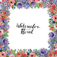Watercolor Floral Background. Hand painted border of flowers. Good for invitations and greeting cards. Frame isolated on white and brush lettering. Spring blossom