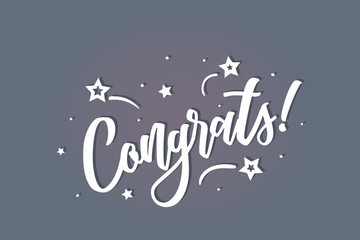 Congrats lettering card, banner. Beautiful greeting scratched calligraphy white text word stars. Hand drawn invitation print design. Handwritten modern brush blue background isolated vector